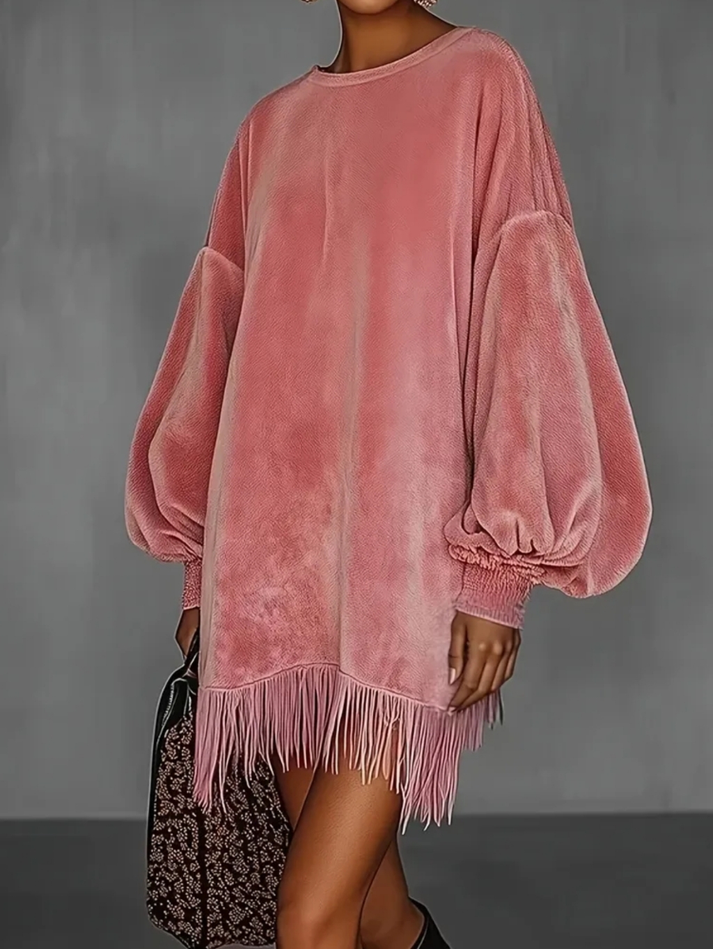 Blush Pink Velvet Fringe Tunic Dress